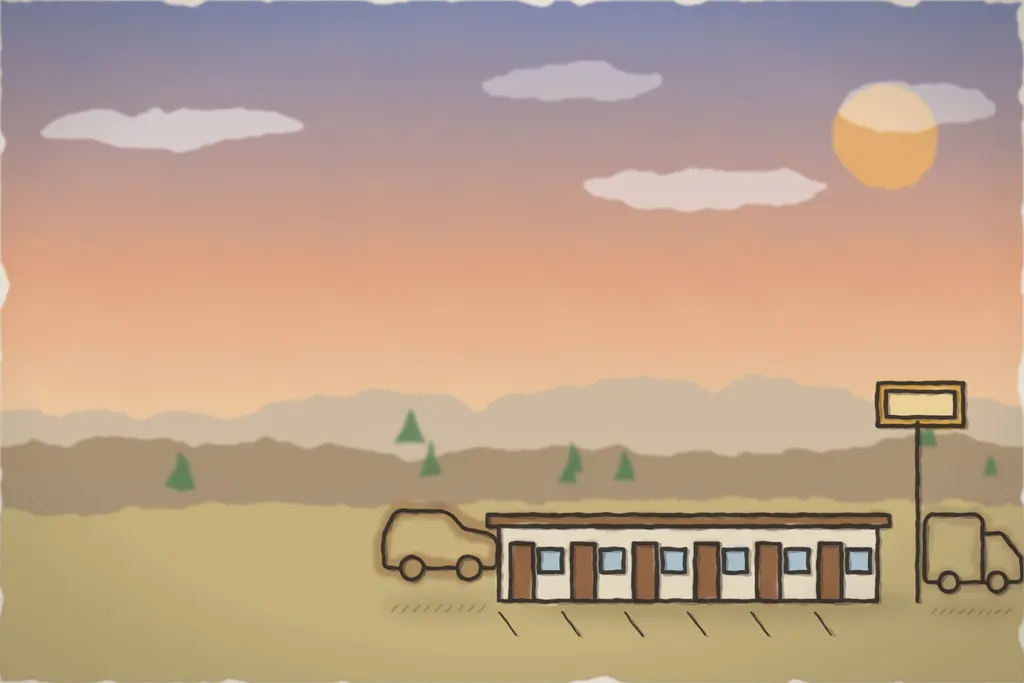 Motelul Popasul DN1 DEMO la apus, cu mașini în parcare (ilustrație)